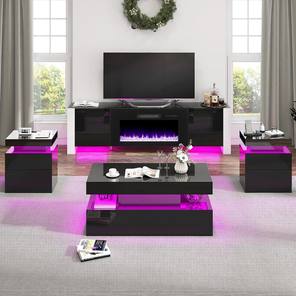 VanAcc 4-Piece Living Room Table Set, 70' Fireplace TV Stand with High Gloss Doors, Modern Coffee Table, LED Light End Table, High Glossy Table Sets for Living Room, Black