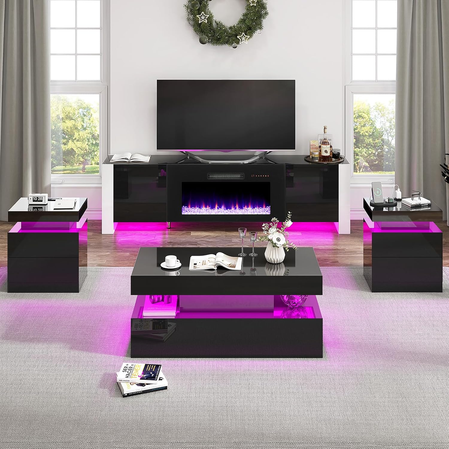 VanAcc 4-Piece Living Room Table Set, 70' Fireplace TV Stand with High Gloss Doors, Modern Coffee Table, LED Light End Table, High Glossy Table Sets for Living Room, Black