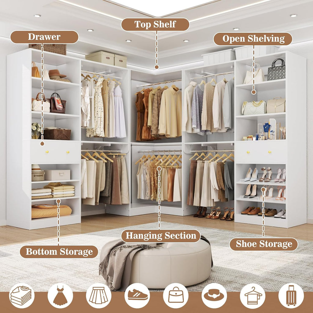Armocity Closet System Set of 2 - Corner Closet Organizer System with Drawer/9 Shelves/4 Hanging Rods, 91.3' L-Shaped Walk-In Wardrobe Organizer, 1800+ lbs Capacity, White
