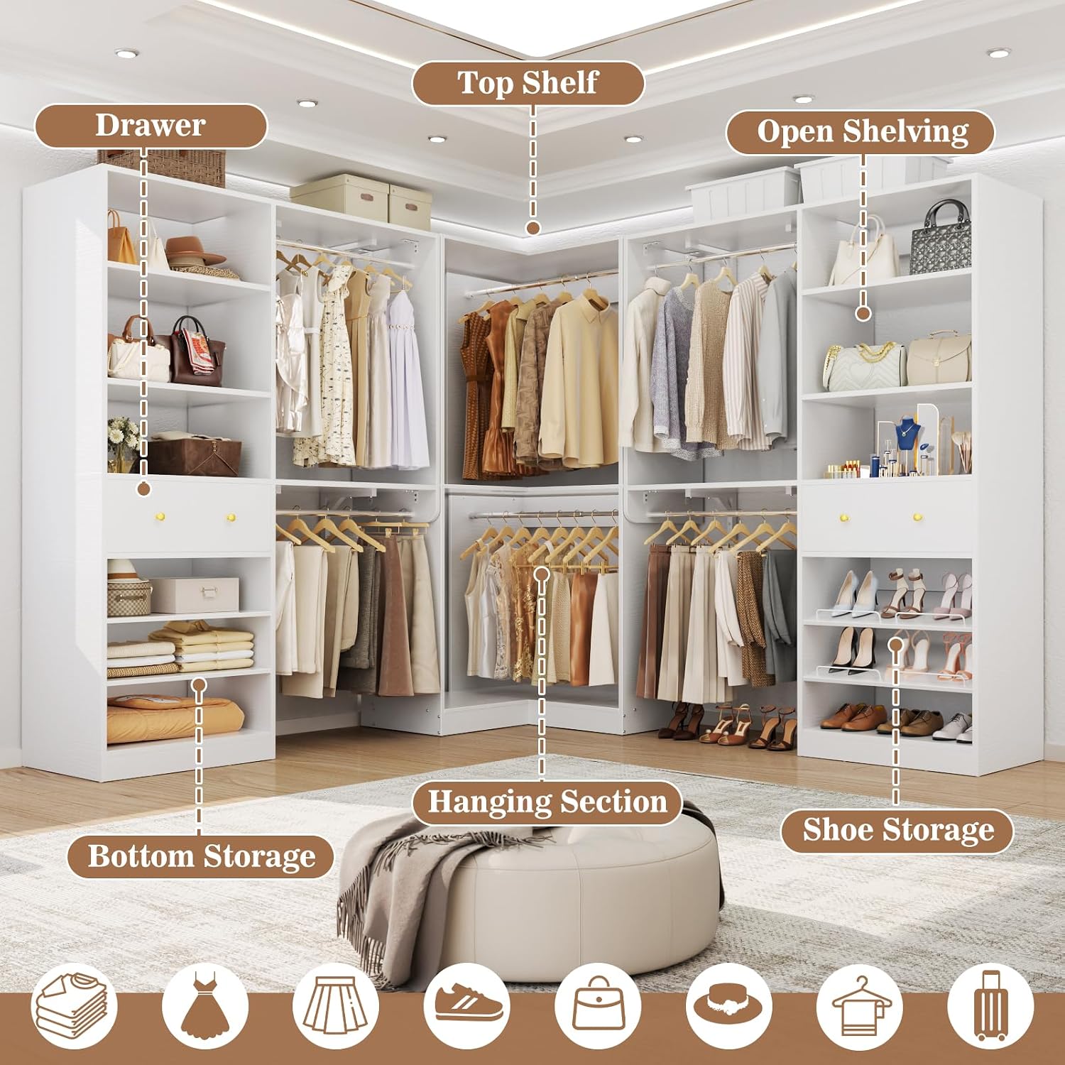 Armocity Closet System Set of 2 - Corner Closet Organizer System with Drawer/9 Shelves/4 Hanging Rods, 91.3' L-Shaped Walk-In Wardrobe Organizer, 1800+ lbs Capacity, White