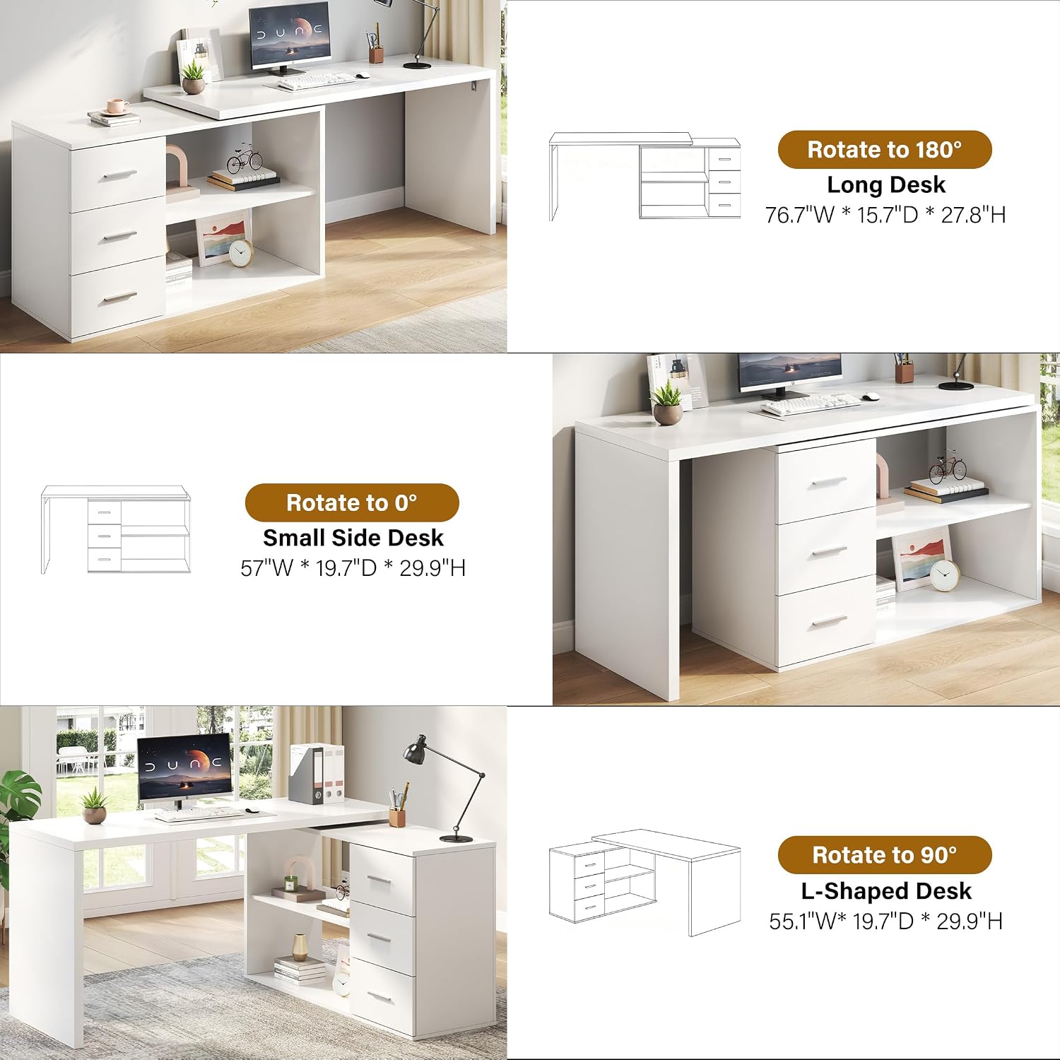 HSH L Shaped Office Desk with Drawers Shelves 55-76 Inch, Corner Computer Desk with Storage 360 Rotating Long for Work, Executive, Study, Writing, Teacher, Bedroom Modern Gaming Table White