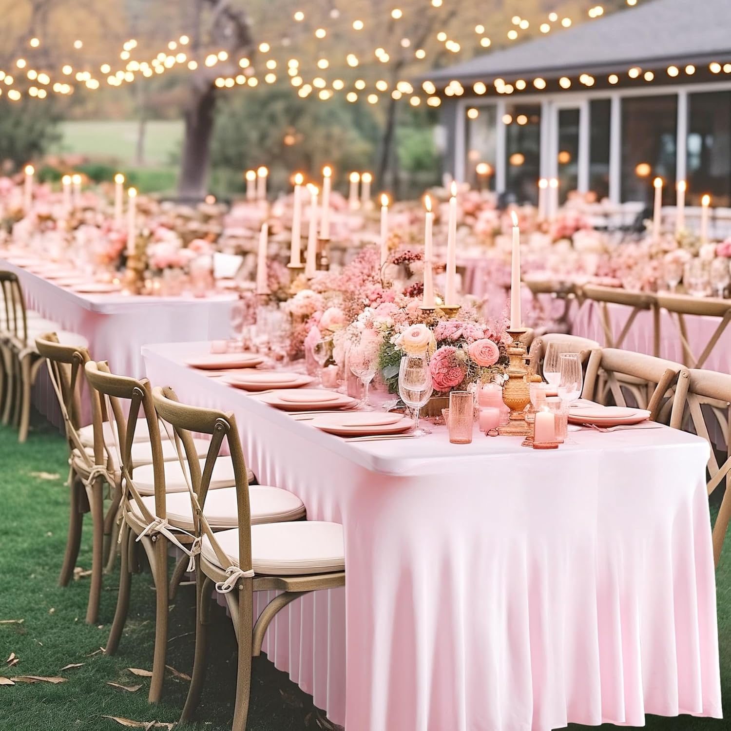 6 Pack Pink Spandex Fitted Tablecloth 8 Foot - Stretch Table Clothes for 8 FT Rectangle Table, Washable Ruffles Elastic for Weddings, Buffet, Banquet, Trade Craft Show, Party Celebration