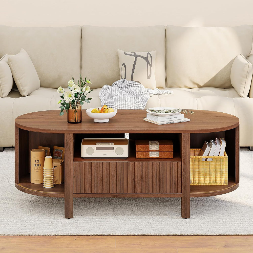 ComfyCorner 47' Oval Coffee Table, Tambour Design Coffee Tables for Living Room, Mid Century Modern Wood Coffee Table, 3-Tier Accent Center Table with Storage, Large Drawer, Walnut