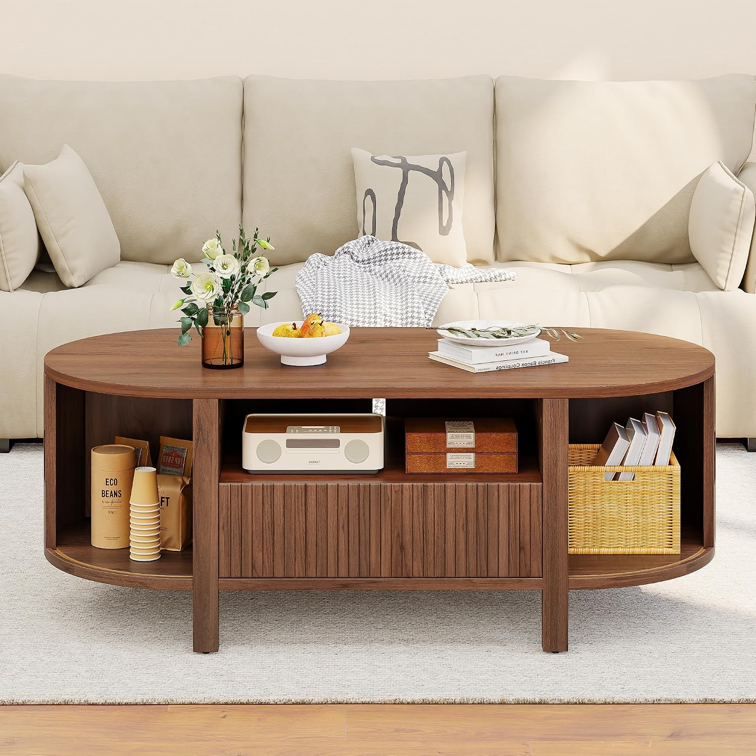 ComfyCorner 47' Oval Coffee Table, Tambour Design Coffee Tables for Living Room, Mid Century Modern Wood Coffee Table, 3-Tier Accent Center Table with Storage, Large Drawer, Walnut