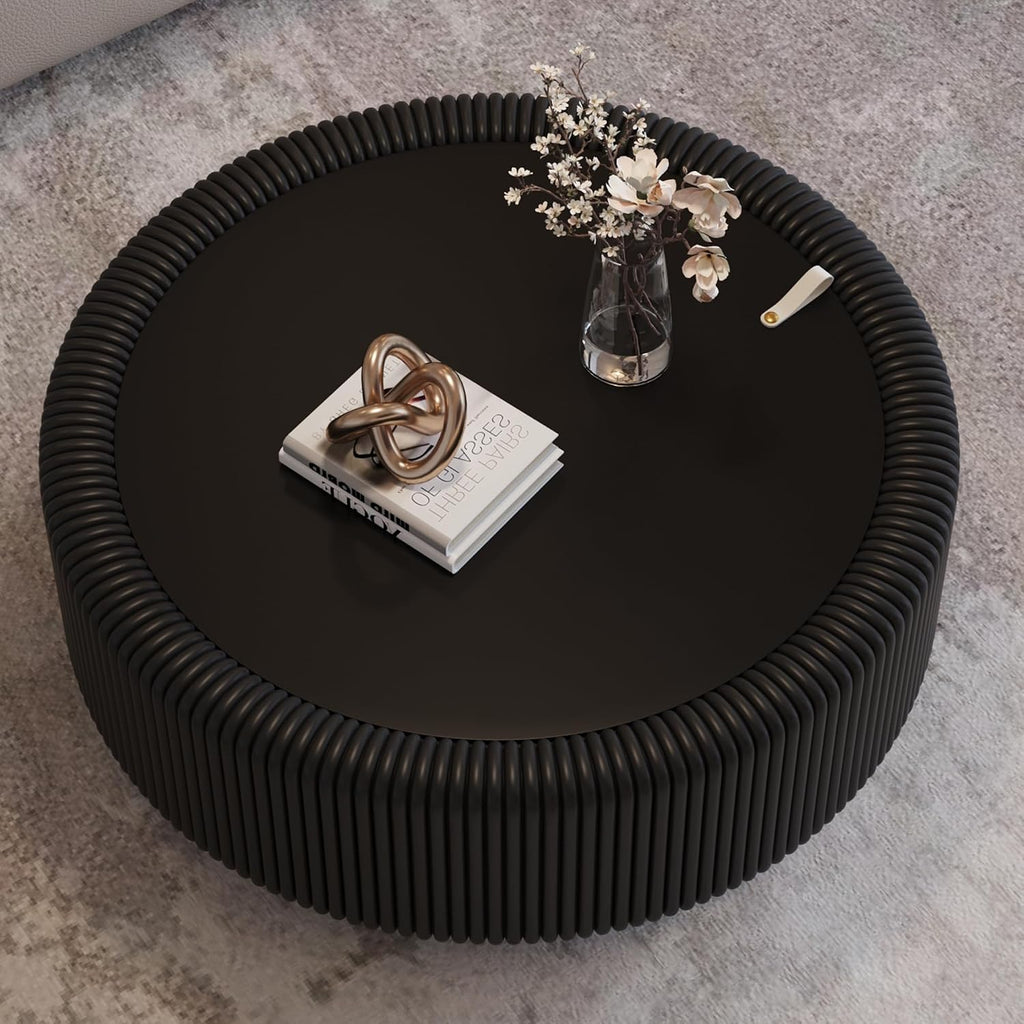 31.5'' Round Coffee Table with Storage, Modern Circle Fluted Drum Pedestal Coffee Table for Living Room, Tempered Glass Moveable Lid & PU Leather Body & Baked Enamel Leg, Black