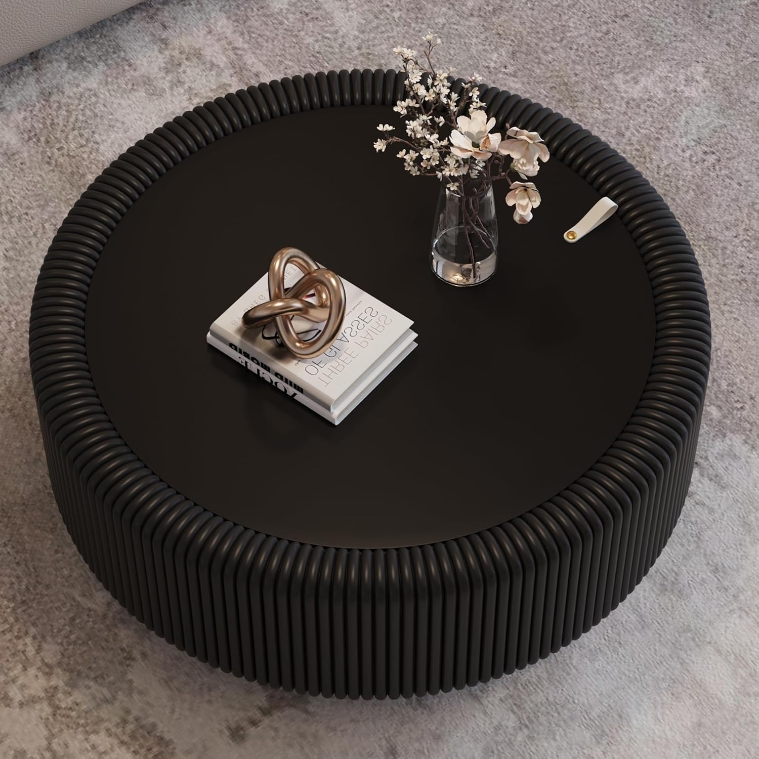 31.5'' Round Coffee Table with Storage, Modern Circle Fluted Drum Pedestal Coffee Table for Living Room, Tempered Glass Moveable Lid & PU Leather Body & Baked Enamel Leg, Black