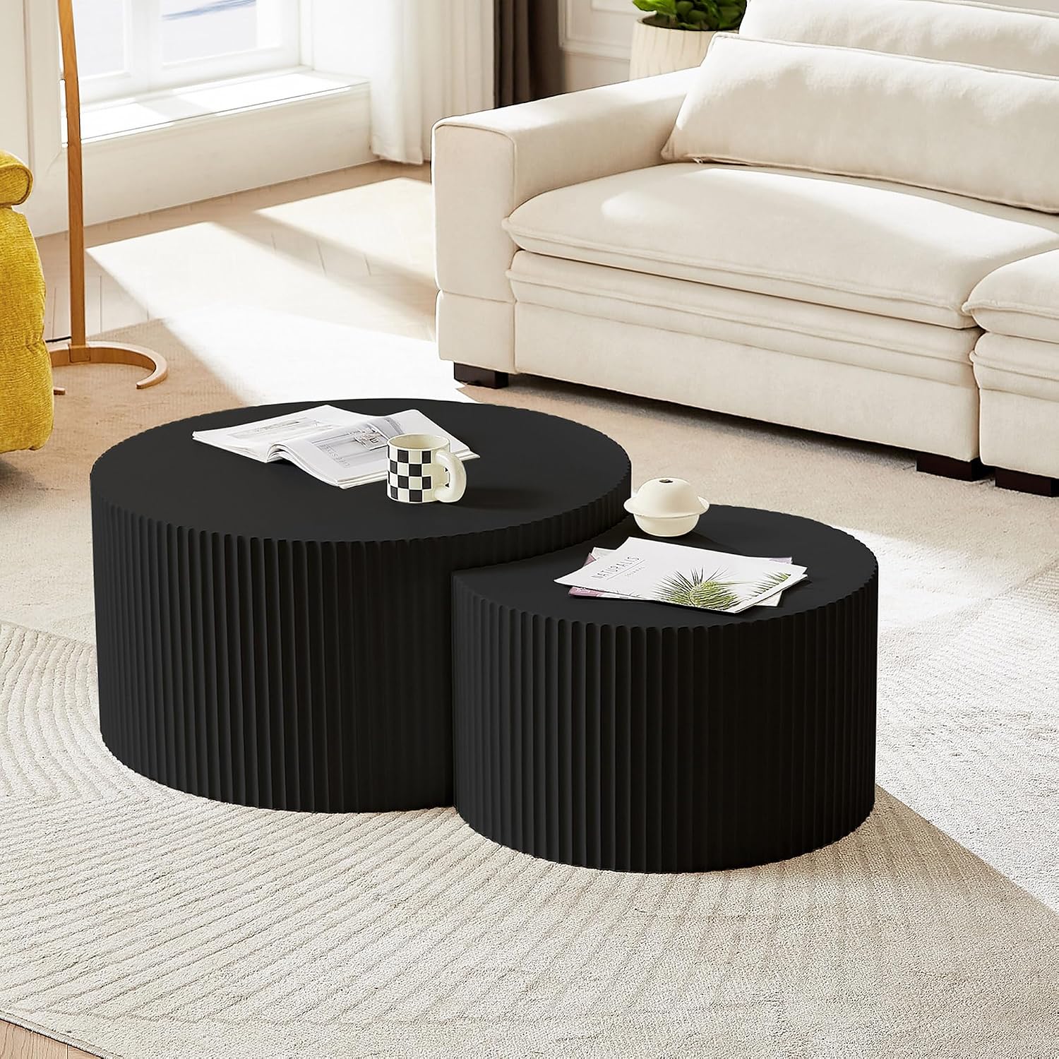 JUSTONE Nesting Coffee Table Set of 2, Modern Matte Black Round Drum Side Tables - Space-Saving End Tables for Living Room, Apartment, Bedroom (Black)