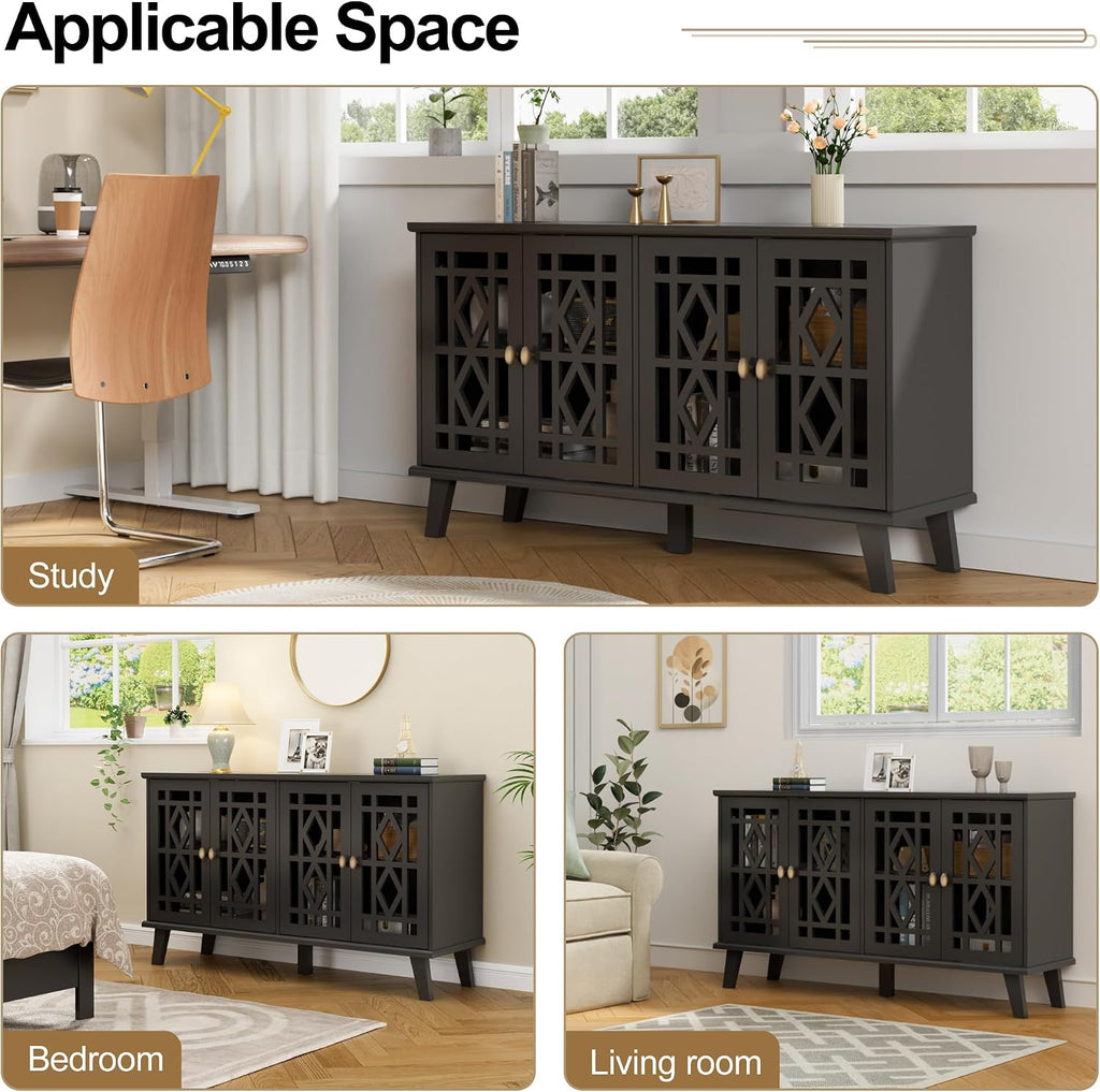 Scurrty 52' Buffet Cabinet with Storage,Sideboard with 4 Doors, Skeletonized Coffee Bar with Storage, Sideboard Cabinet for Dinning Room, Kitchen & Living Room (Black)