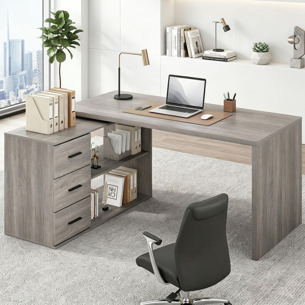HSH L Shaped Office Desk with Drawers, Reversible Corner Wood Computer Desk Gray, Large L Shaped Desk with Storage Cabinet Shelves for Executive Writing Study, Modern Bedroom Table Grey Oak, 60 Inch
