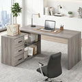 HSH L Shaped Office Desk with Drawers, Reversible Corner Wood Computer Desk Gray, Large L Shaped Desk with Storage Cabinet Shelves for Executive Writing Study, Modern Bedroom Table Grey Oak, 60 Inch