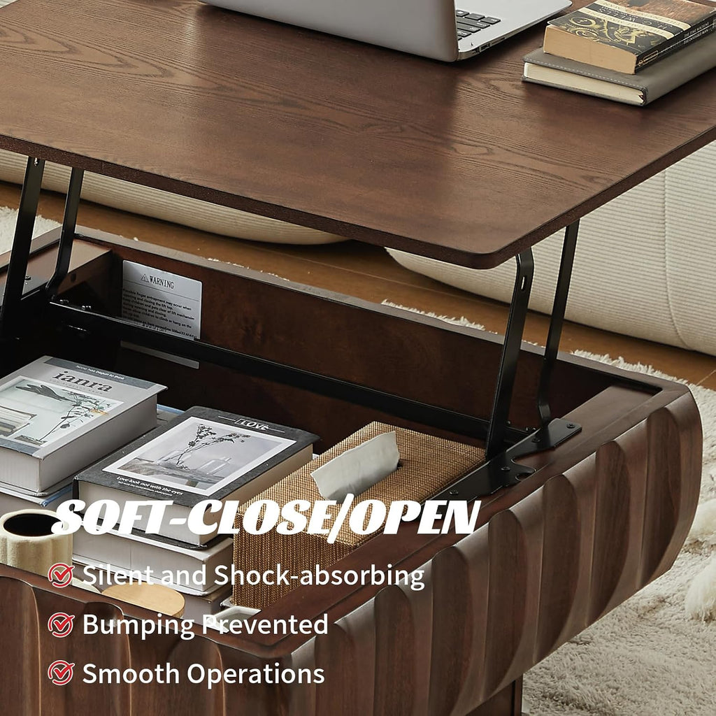 LKTART 31' Lift Top Coffee Table for Living Room, Fluted Coffee Table with Hidden Storage Compartment, Mid Century Modern Solid Wood Veneer Square Center Table for Office Apartment Small Space, Walnut