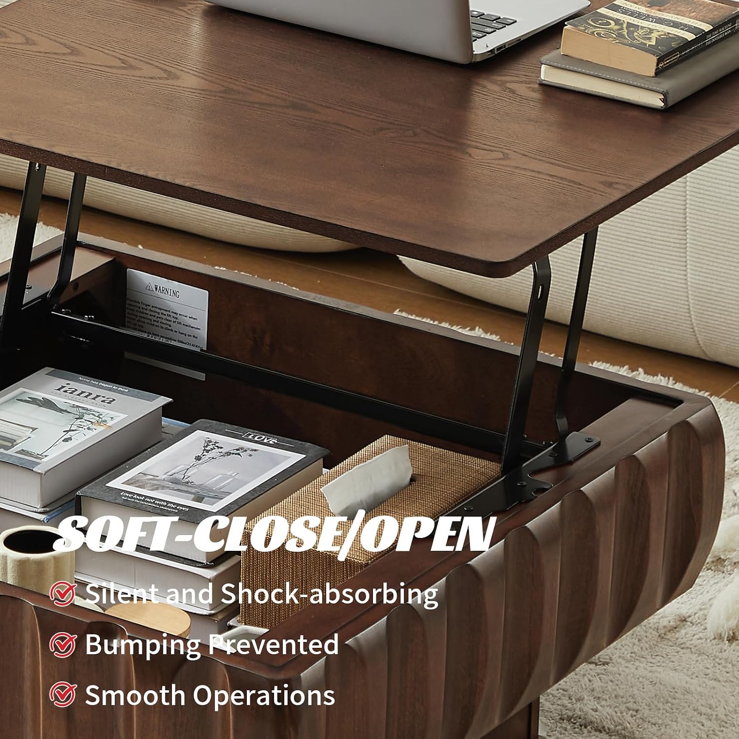 LKTART 31' Lift Top Coffee Table for Living Room, Fluted Coffee Table with Hidden Storage Compartment, Mid Century Modern Solid Wood Veneer Square Center Table for Office Apartment Small Space, Walnut