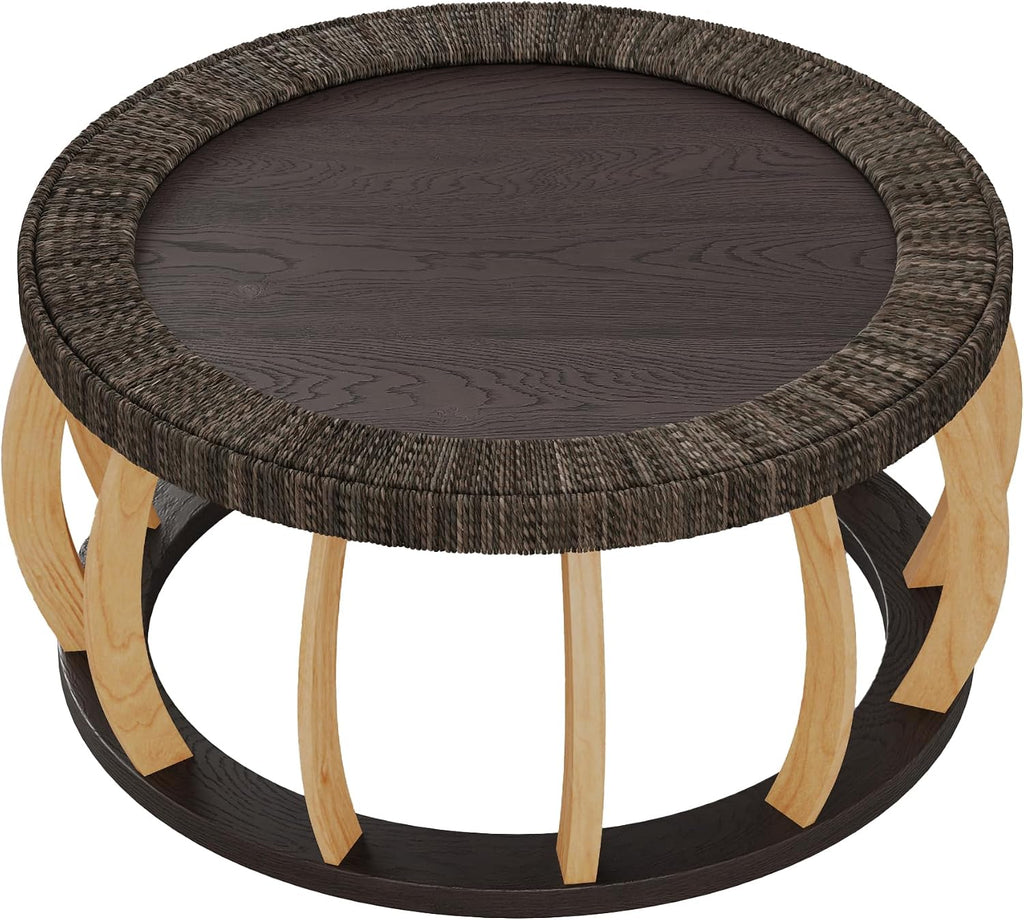 JIJIWANG 35.43' Rattan Round Coffee Table with Solid Wood Top, Vintage Accent Table with Curved Legs, Boho Side Tables for Dining Room, Kitchen, Living Room, Black Brown