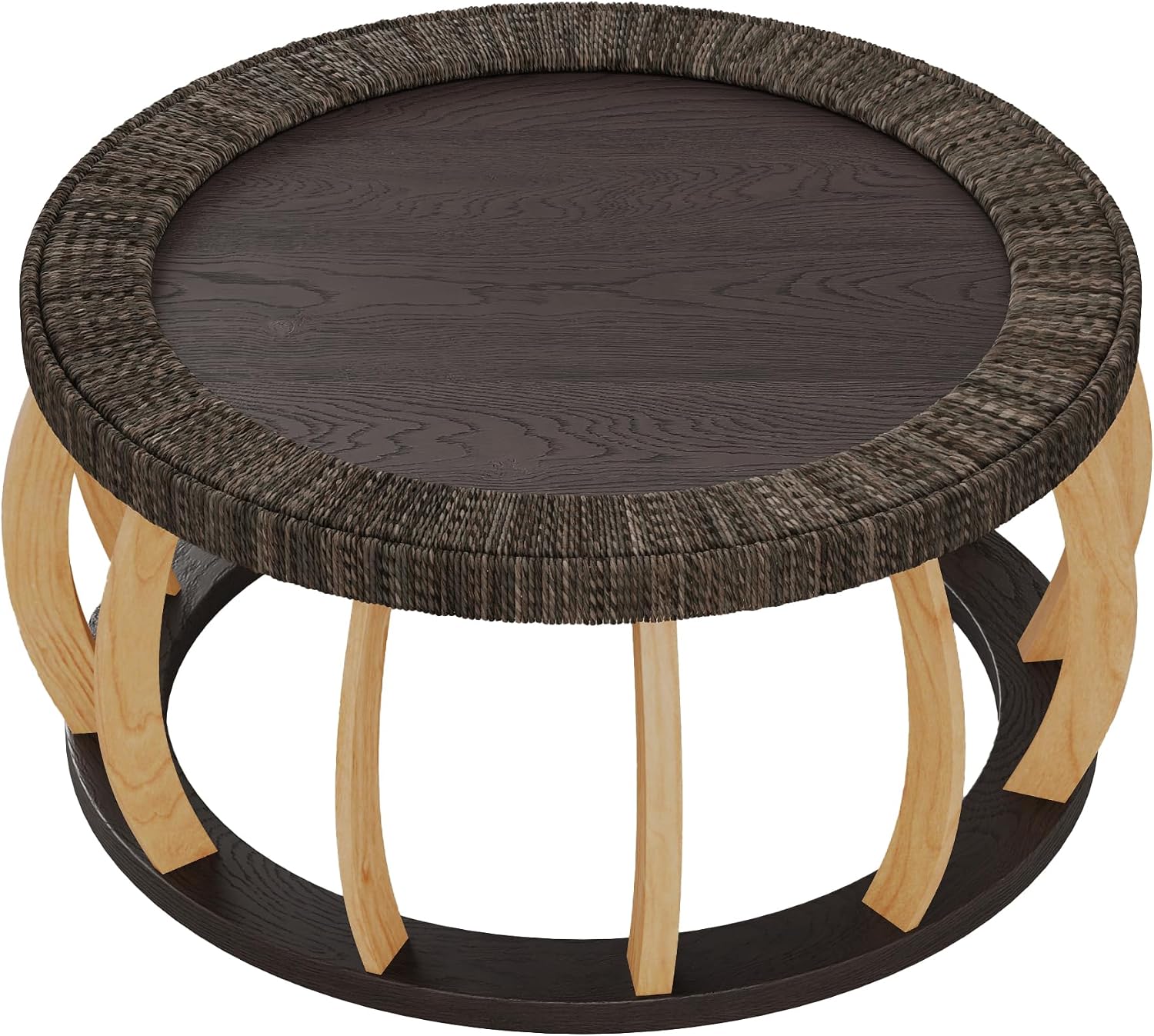 JIJIWANG 35.43' Rattan Round Coffee Table with Solid Wood Top, Vintage Accent Table with Curved Legs, Boho Side Tables for Dining Room, Kitchen, Living Room, Black Brown