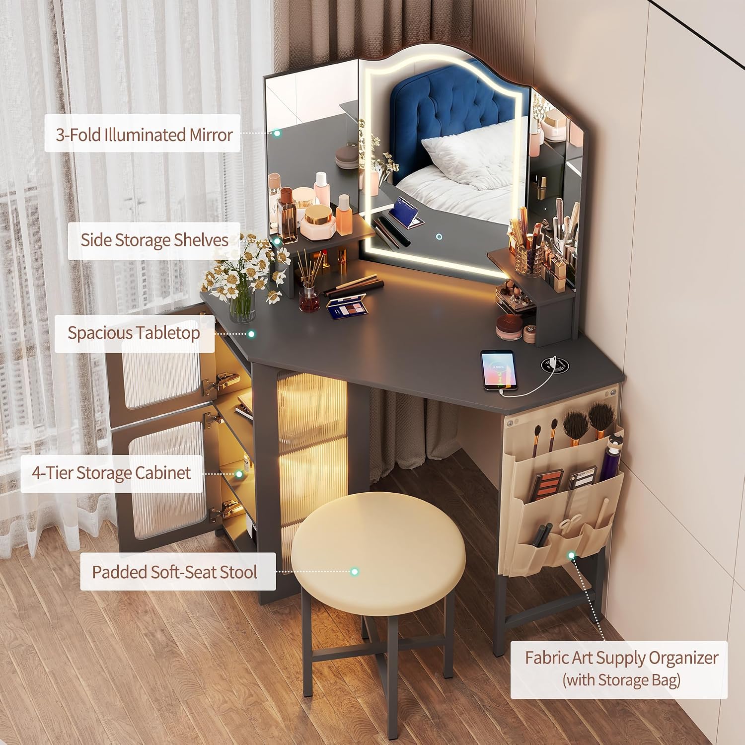 LVSOMT Corner Makeup Vanity Desk with Mirror and Lights, Dressing Table with Charging Station, Makeup Table with Stool, Storage Cabinet and Adjustable Shelf, Bedroom Vanity for Girls Women, Grey