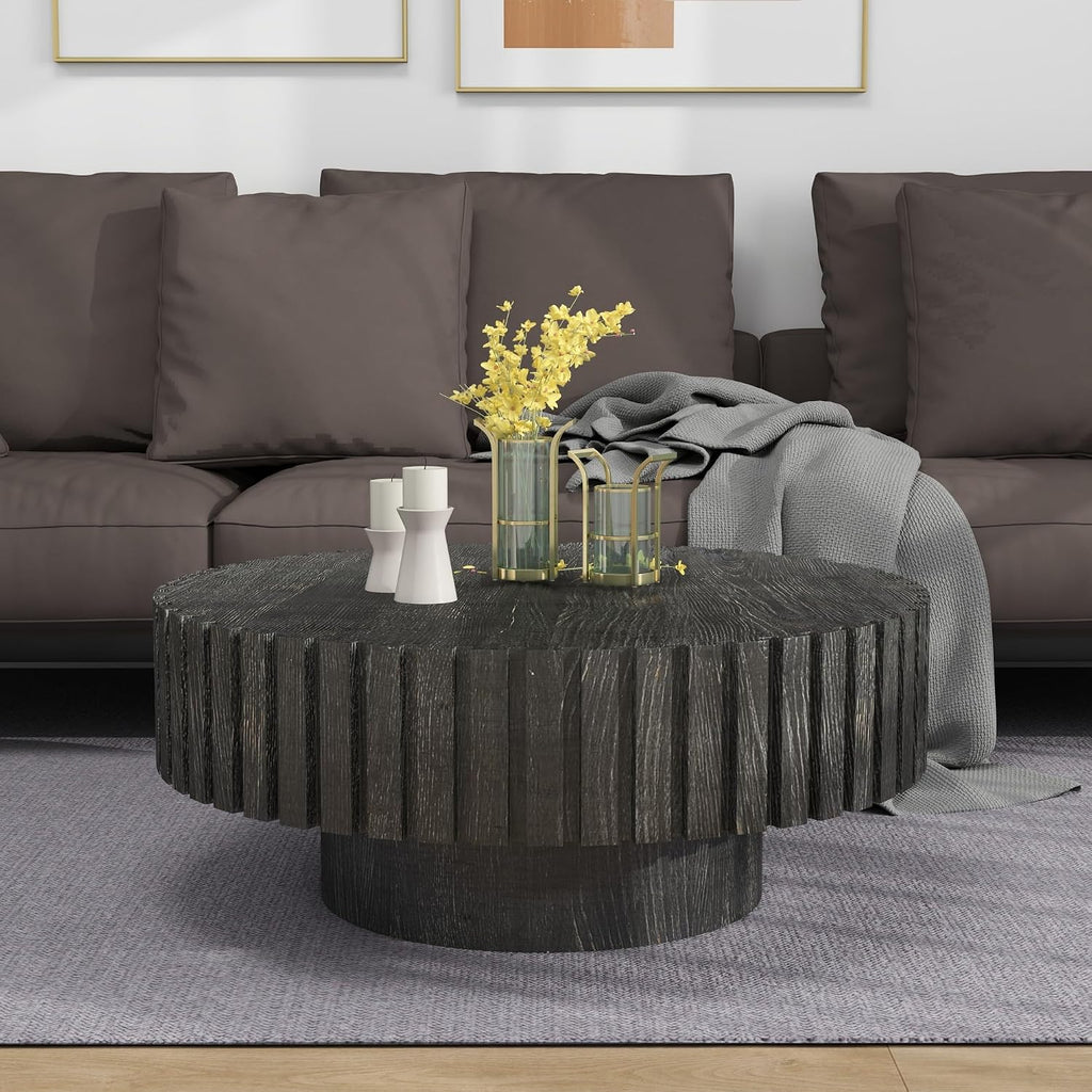 Round Coffee Table, 31.5' Circle Wood Center Table with Pedestal, Wood Coffee Tables for Living Room, Small Space, Office, Apartment, Easy Assembly, Black