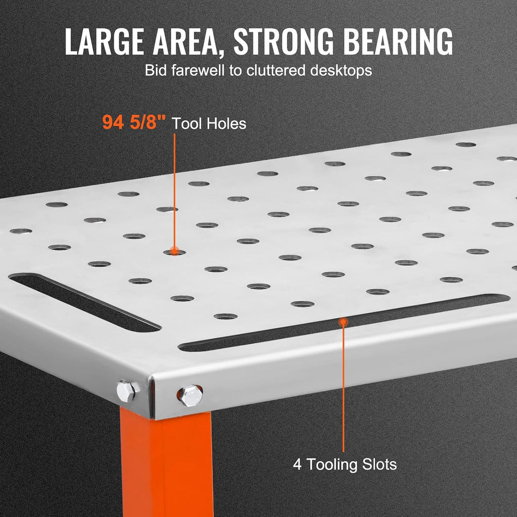 VEVOR Welding Table 36'x18', 1200lbs Load Capacity Steel Welding Workbench Table on Wheels, Portable Work Bench with Braking Lockable Casters, 4 Tool Slots, 5/8-inch Fixture Holes, Tool Tray