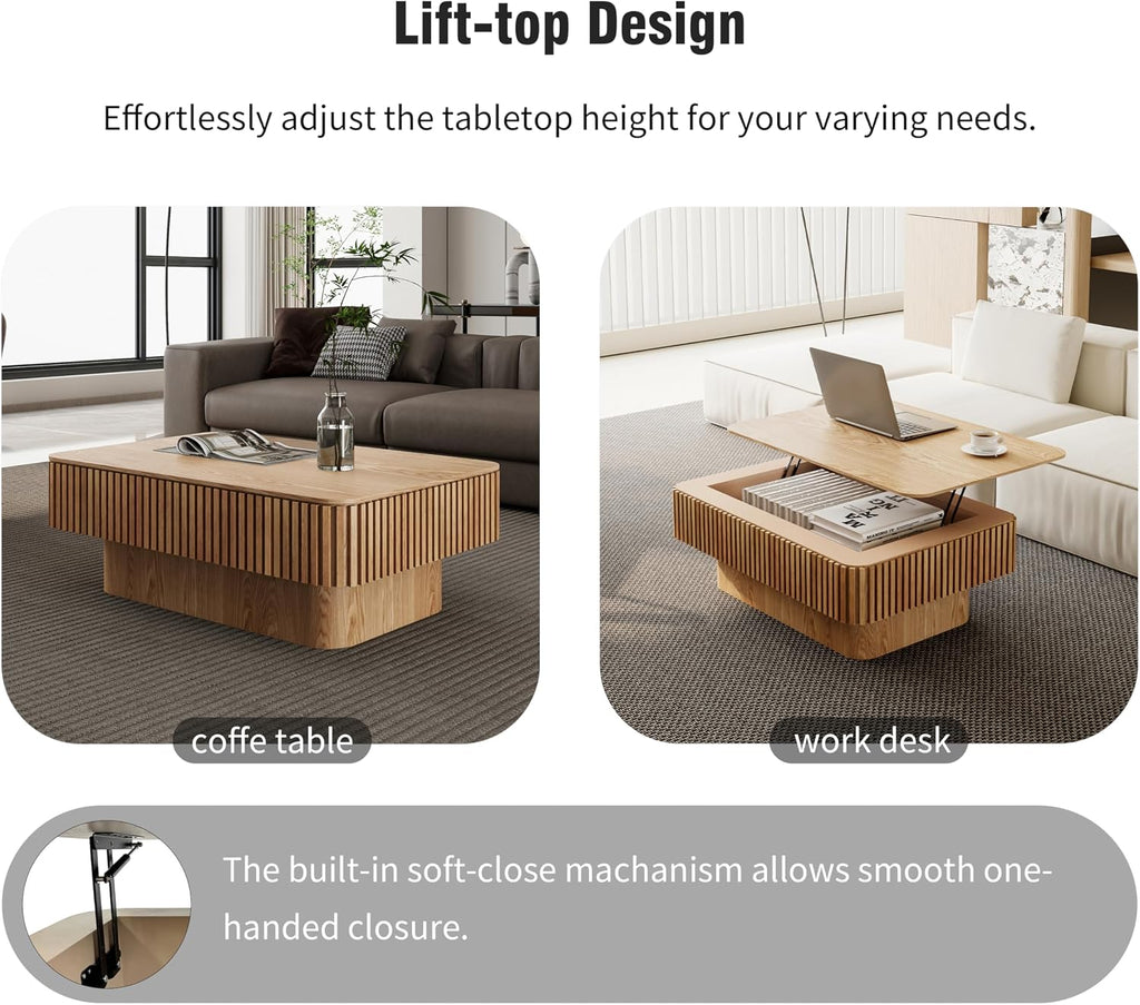 38.6'' Lift-top Coffee Table Solid Wood Veneered Center Table Rectangular Fluted Table with Storage and Adjustable Height for Living Room Apartment Office, Oak