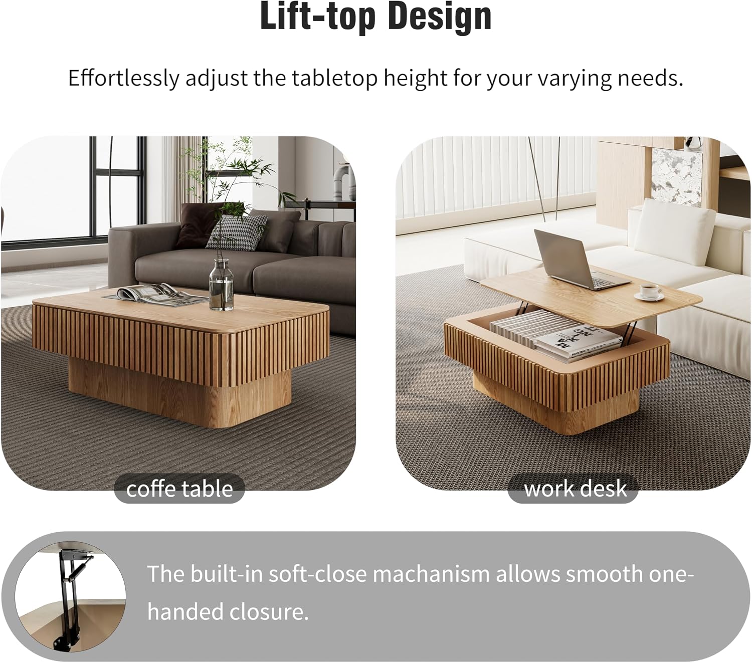 38.6'' Lift-top Coffee Table Solid Wood Veneered Center Table Rectangular Fluted Table with Storage and Adjustable Height for Living Room Apartment Office, Oak