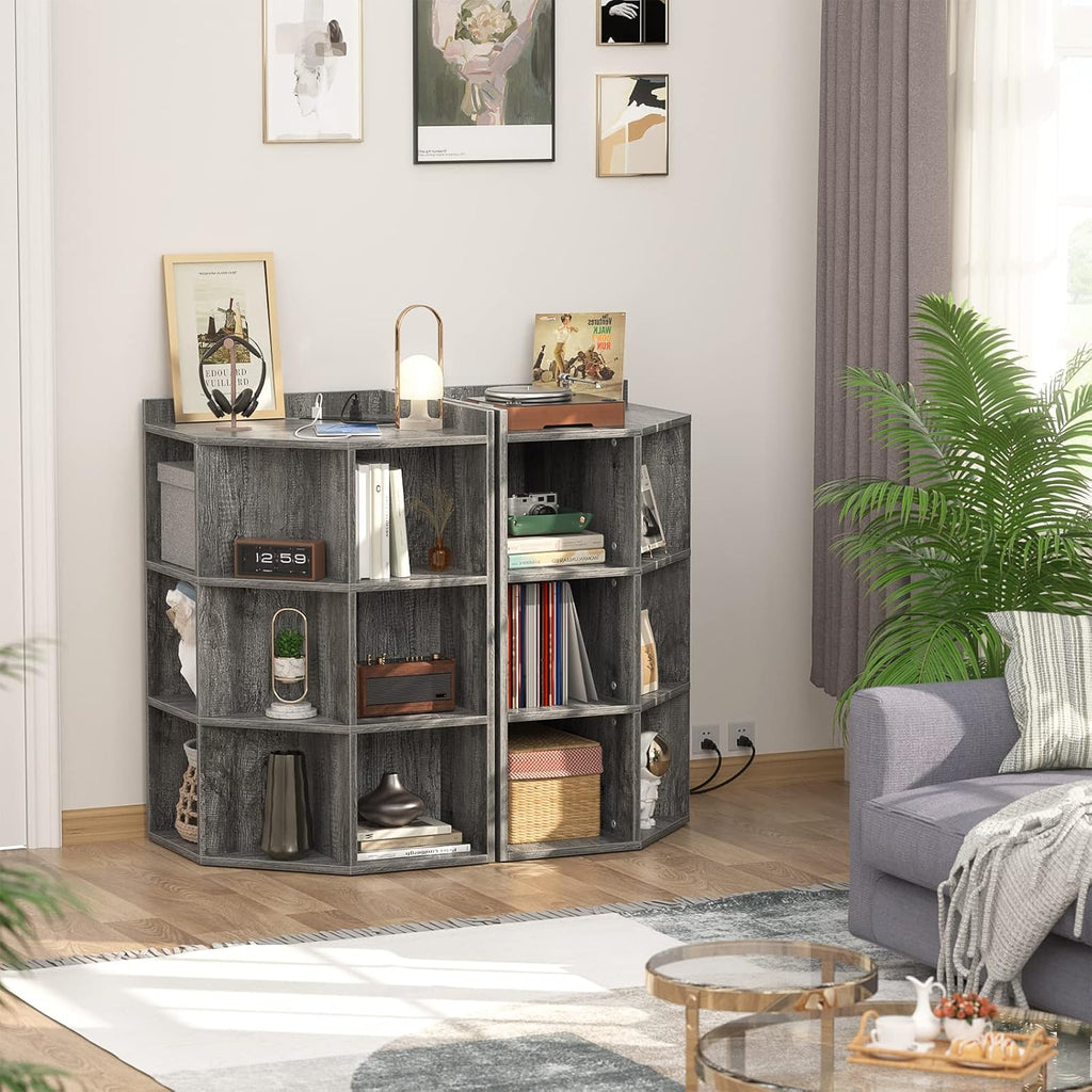 Aheaplus Corner Cabinet, Corner Storage with USB Ports and Outlets, Corner Cube Toy Storage for Small Space, Wooden Cubby Bookshelf with 9 Cubes for Playroom, Bedroom, Living Room, Grey Oak