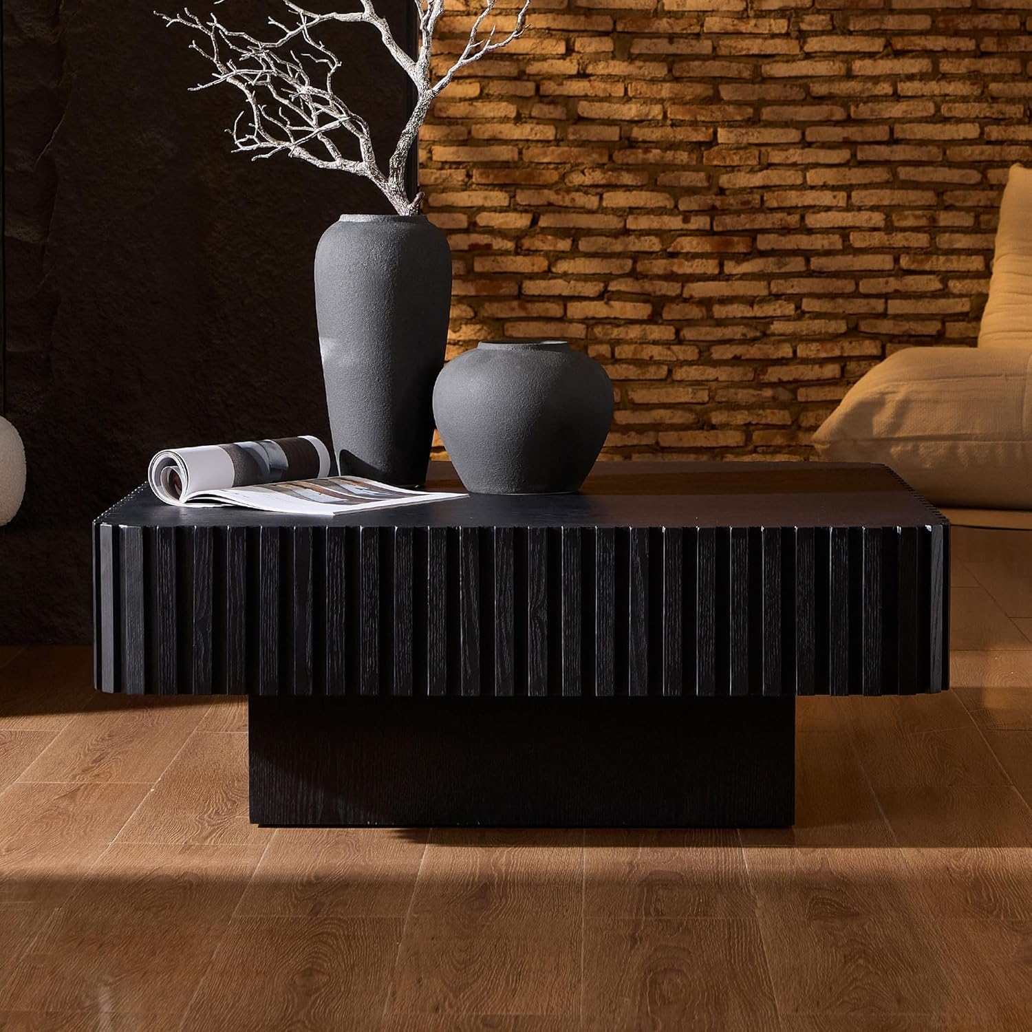 35.43'' Square Coffee Table for Living Room Fluted Coffee Table Modern Center Table with Pedestal for Apartment Black