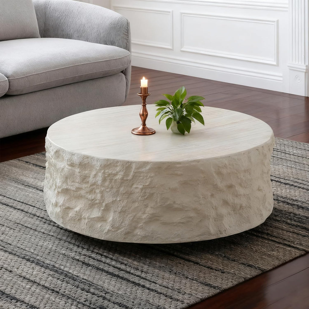 35.43'' Modern Round Coffee Table for Living Room, Faux Marble Stone Coffee Table, Minimalist Circle Center Side Table, Accent End Table for Bedroom Apartment Office, No Need Assembly, Beige