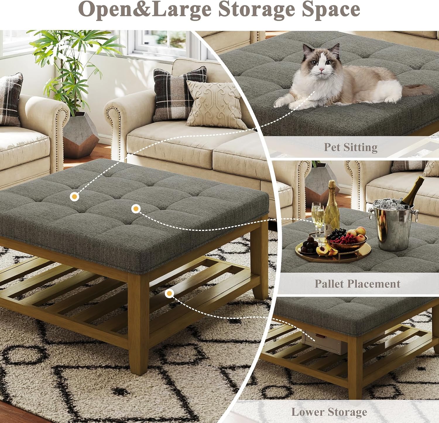 Befurtori Large Square Ottoman Coffee Table, Linen Solid Upholstered Footrest Ottoman with Solid Wood Shelf Storage Tufted Coffee Table for Bedroom Living Room, Granite