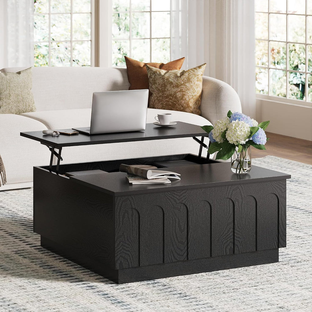 FORTUNETEC Lift Top Coffee Table with Storage, Modern Coffee Table with Arched Design, 31.5' Square Tea Table with Wood Grain, Minimalist Multifunctional Center Table for Living Room, Office, Black