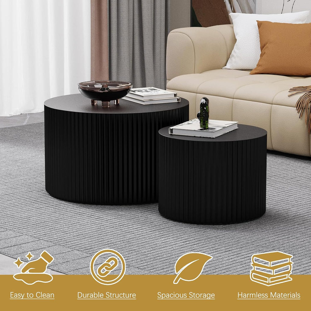 Round Coffee Table Set of 2 Modern Nesting Coffee Tables Wooden Drum Coffee Tables with Non-Slip Feet, Circle Nesting Tables End Table for Living Room Office, No Assembly (Black 27.56'+19.69')