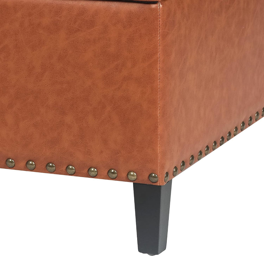 Homebeez Faux Leather Storage Ottoman Bench, Square Coffee Table Footstool Footrest with Wood Legs for Living Room (Cognac Brown)