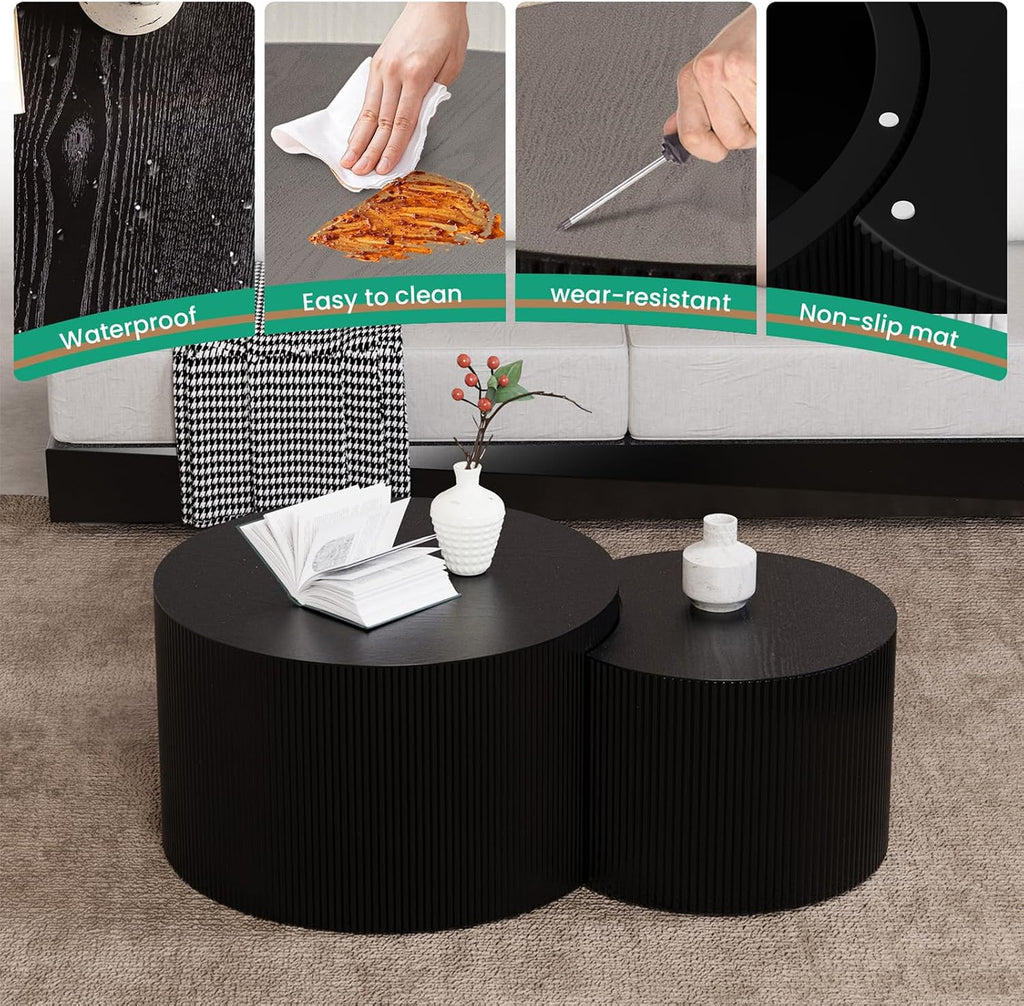 Round Wood Coffee Table Set of 2 Modern Circle Nesting Coffee Table Handcrafted Drum Nesting Table Nesting Coffee Tables for Living Room for Small Space (Black C (D27.56+D19.69 inch))