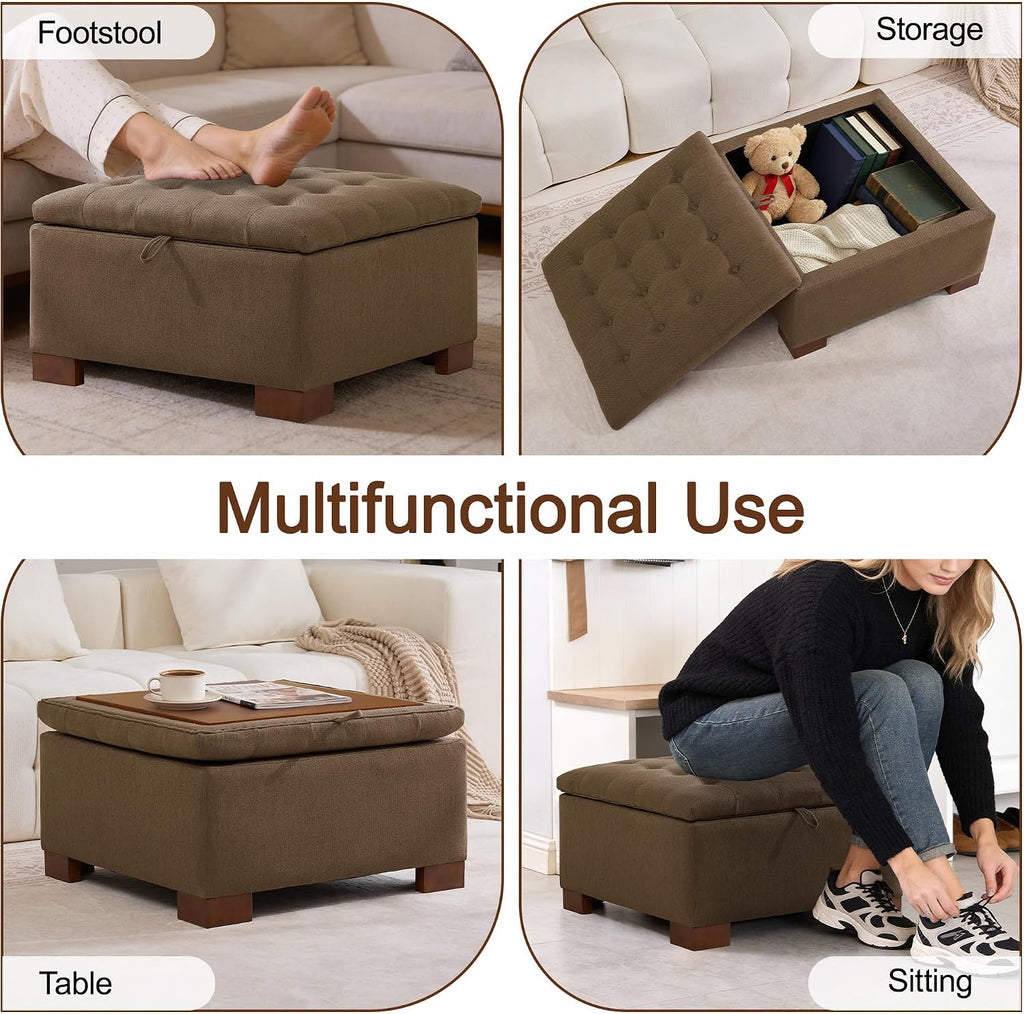 WUTUTUEE 30' Fabric Square Storage Ottoman with Wooden Tray, Modern Tufted Button Footstool Coffee Table, Upholstered Large Ottoman for Living Room, Bedroom, Brown