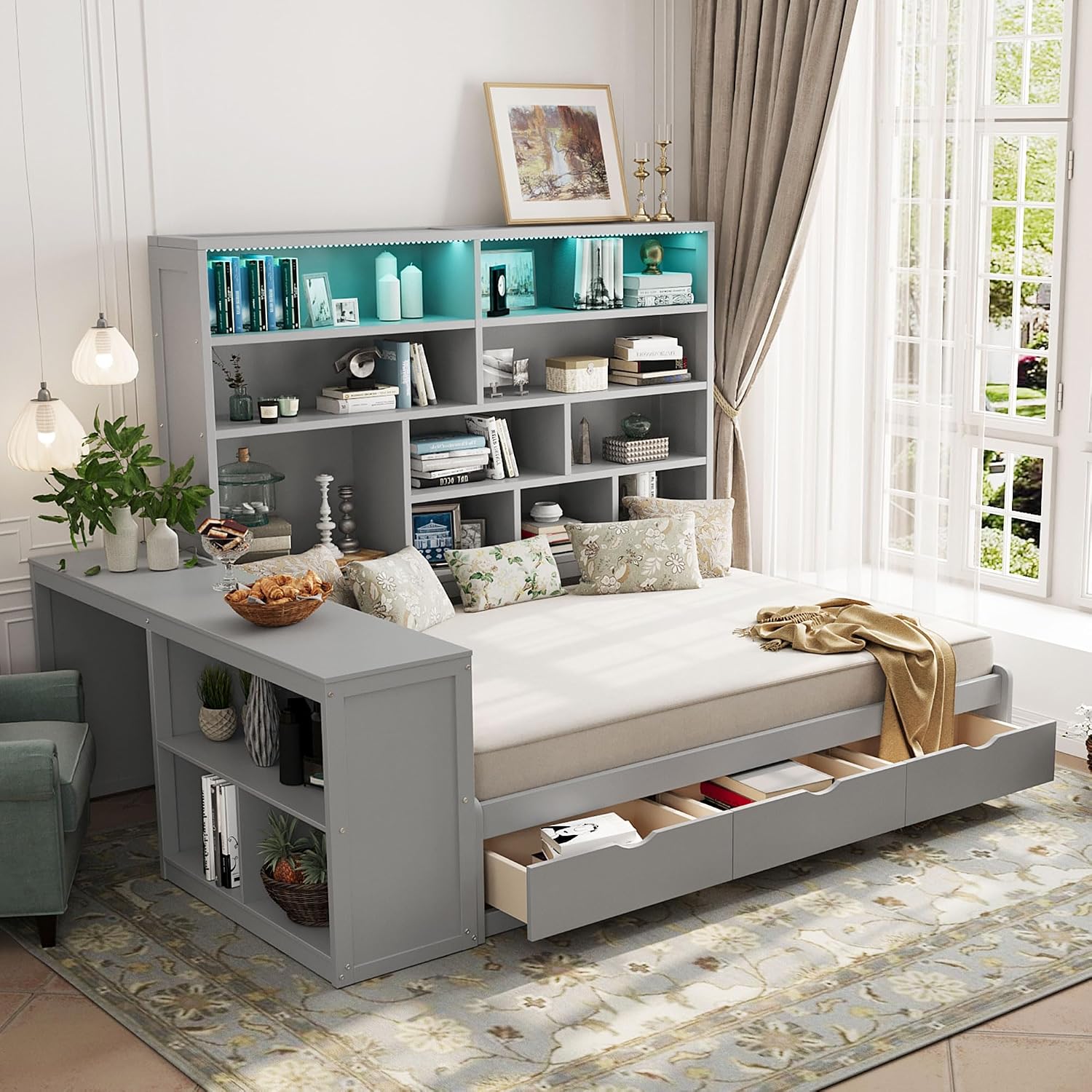 LUMISOL Full Size Corner Daybed with Storage Drawers, Built-in Desk with USB Ports & Shelves, Wooden Sofa Bed with LED Bookcase for Bedroom Living Room, Grey