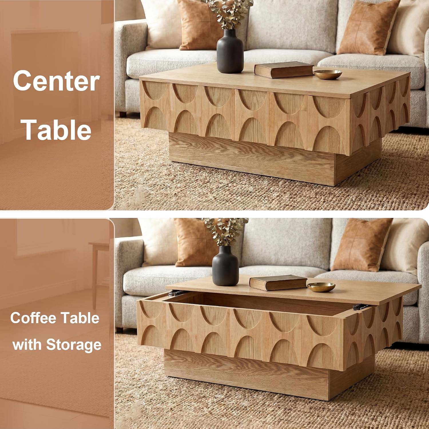 Solid Wood Veneer Coffee Table with Storage & Sliding Top, 38.6' Modern Mid Century Rectangle Center Table for Living Room, Home Office, Natural
