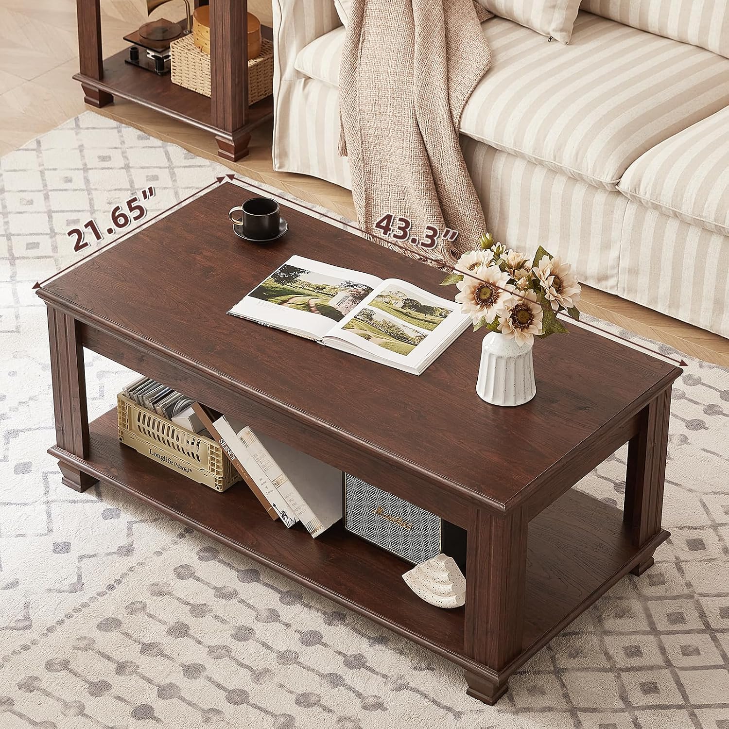 SAVOR LIFE Farmhouse Coffee Table Set of 3,Rustic Wooden Living Room Table Set,Large Coffee/End Side Tables with Open Shelf for Living Room,Walnut