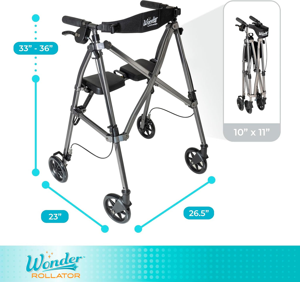 Stander Space Saver Rollator, Lightweight Folding Rolling Walker with Seat for Seniors & Adults, 4-Wheel Mobility Aid with 6-inch Wheels, Locking Brakes & Padded Seat with Backrest, Black Walnut