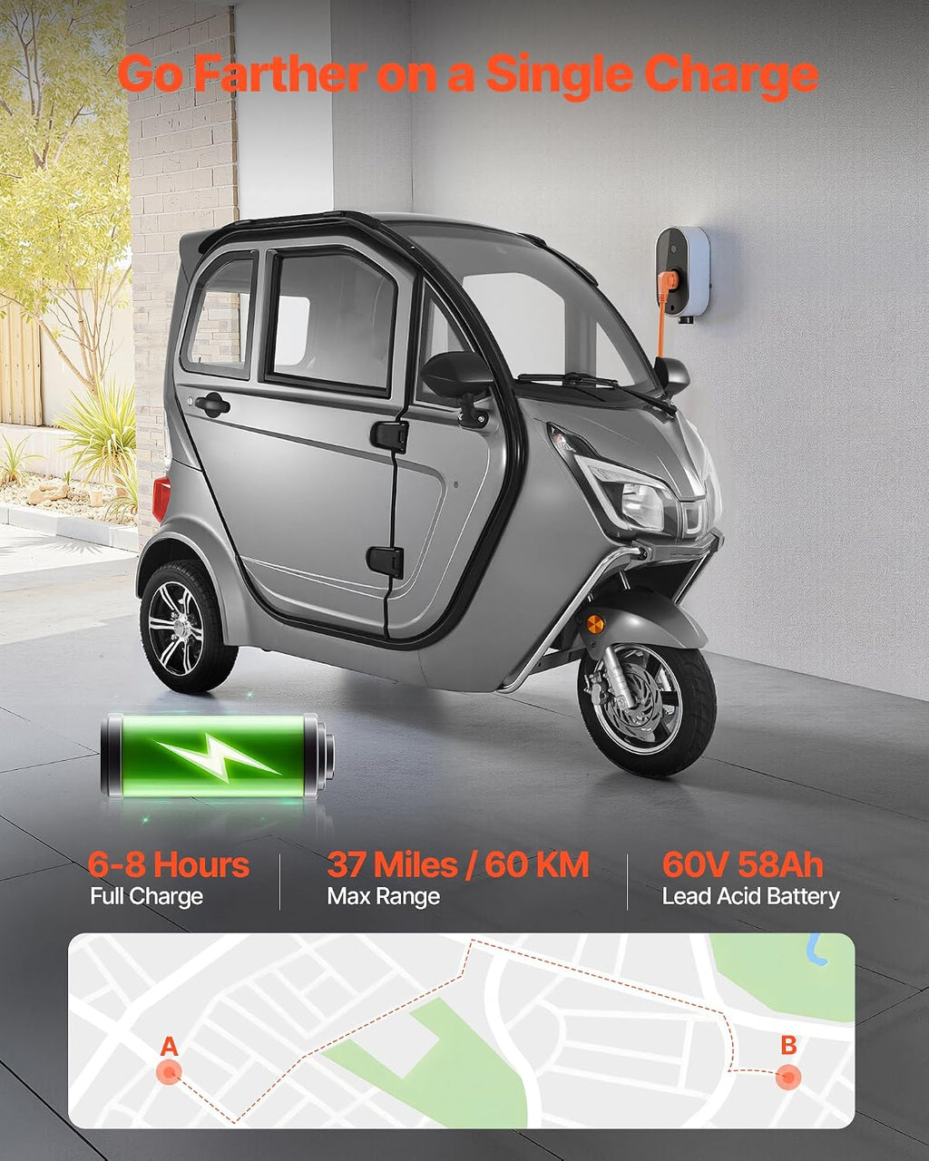 VEVOR 3-Wheel Enclosed Mobility Scooter for Seniors Adults, 650lbs Capacity, 3-Seater 1500W Electric Recreational Mobility Scooter 37 Miles Long Range, Remote Unlock, All-Terrain for Shopping Touring