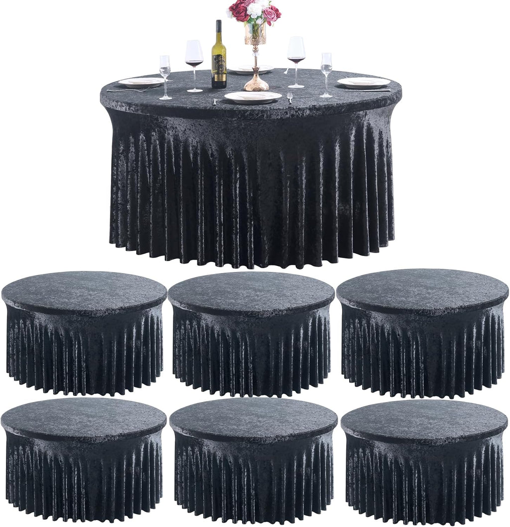 Outpain 6Pack 60 Inch Round Velvet Tablecloths - 120 Inch Stretch Spandex Table Cover with Floor-Length Skirt, Wrinkle-Free Luxury Elastic Table Cloths for Weddings,Banquets,Events (Black)