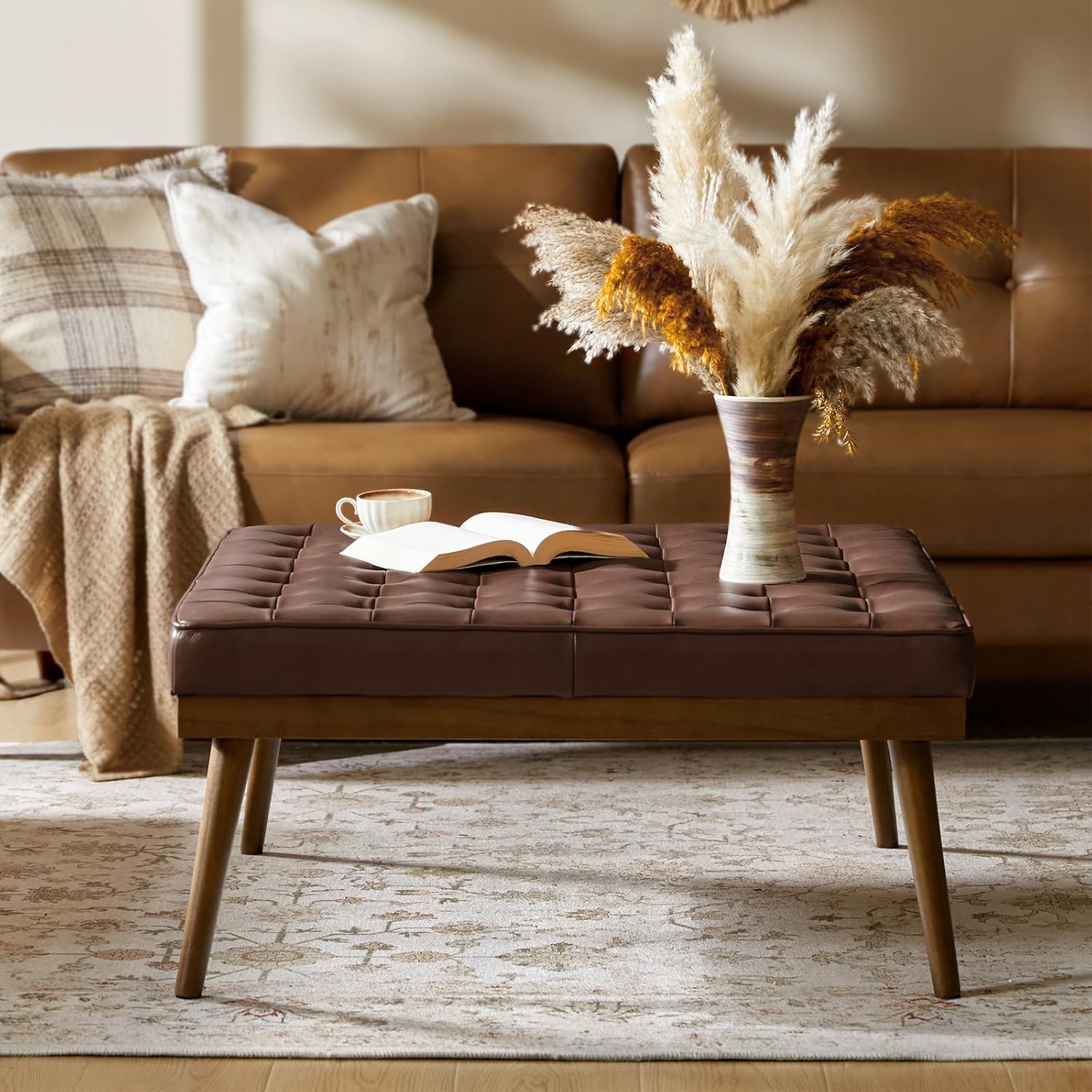 HULALA HOME Genuine Leather Square Coffee Table, Button Tufted Upholstered Ottoman Coffee Table with Solid Wooden Flared Legs, Mid-Century Modern Extra Seating for Living Room, Brown