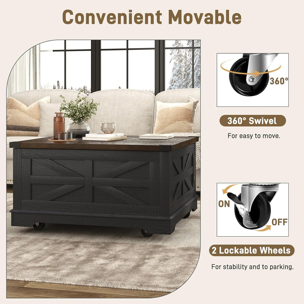 Hlivelood 36' Farmhouse Movable Lift Top Coffee Table with Storage and Power Outlets, Square Wood Living Room Tables with Wheels&Large Hidden Space, Lift Wooden Barn Door Center Table, Black
