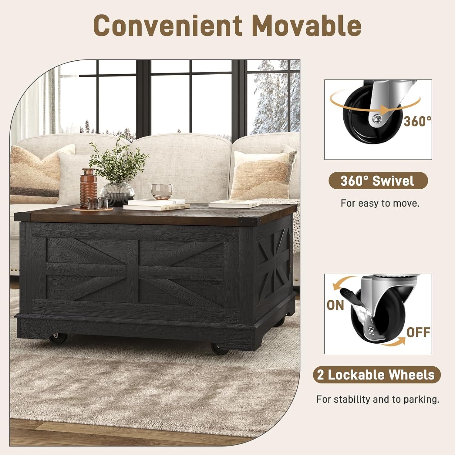 Hlivelood 36' Farmhouse Movable Lift Top Coffee Table with Storage and Power Outlets, Square Wood Living Room Tables with Wheels&Large Hidden Space, Lift Wooden Barn Door Center Table, Black
