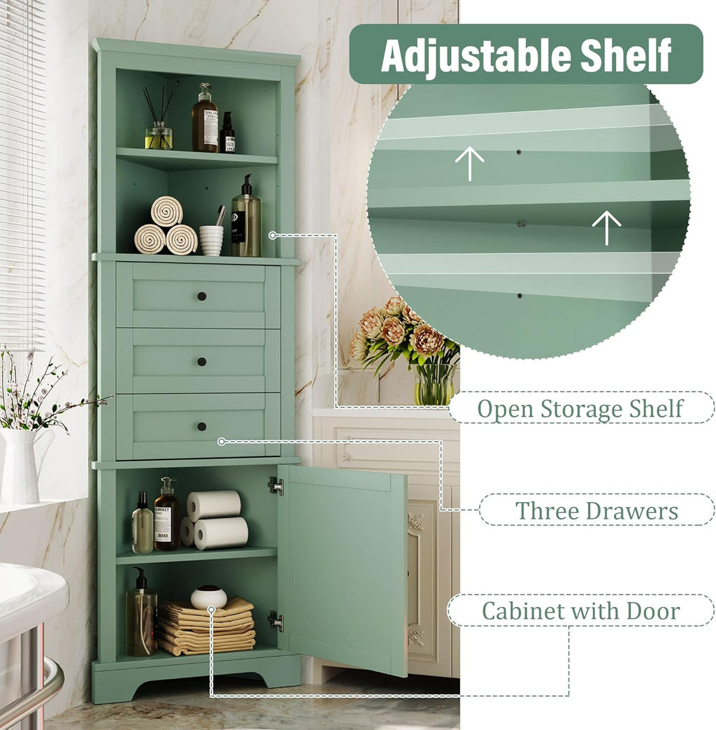 Triangle Tall Bathroom Storage Cabinet, Corner Storage Cabinet | with 3 Drawers, 1 Cabinet & Adjustable Shelves for Bathroom Kitchen Living Room (Green, 23'W x 13.4'D x 68.9'H)