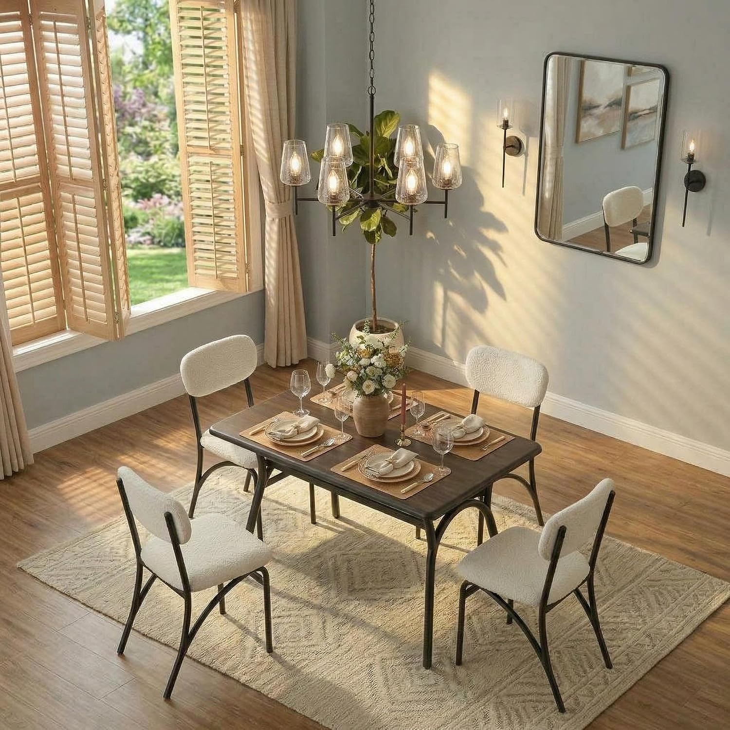 GarveeHome 5-Piece Dining Table Set for 4, Modern Kitchen Table with 4 Boucle Chairs, Rectangular Dining Table with Storage Shelf & Marble Tabletop, Home Dining Furniture for Small Space, Beige+Black