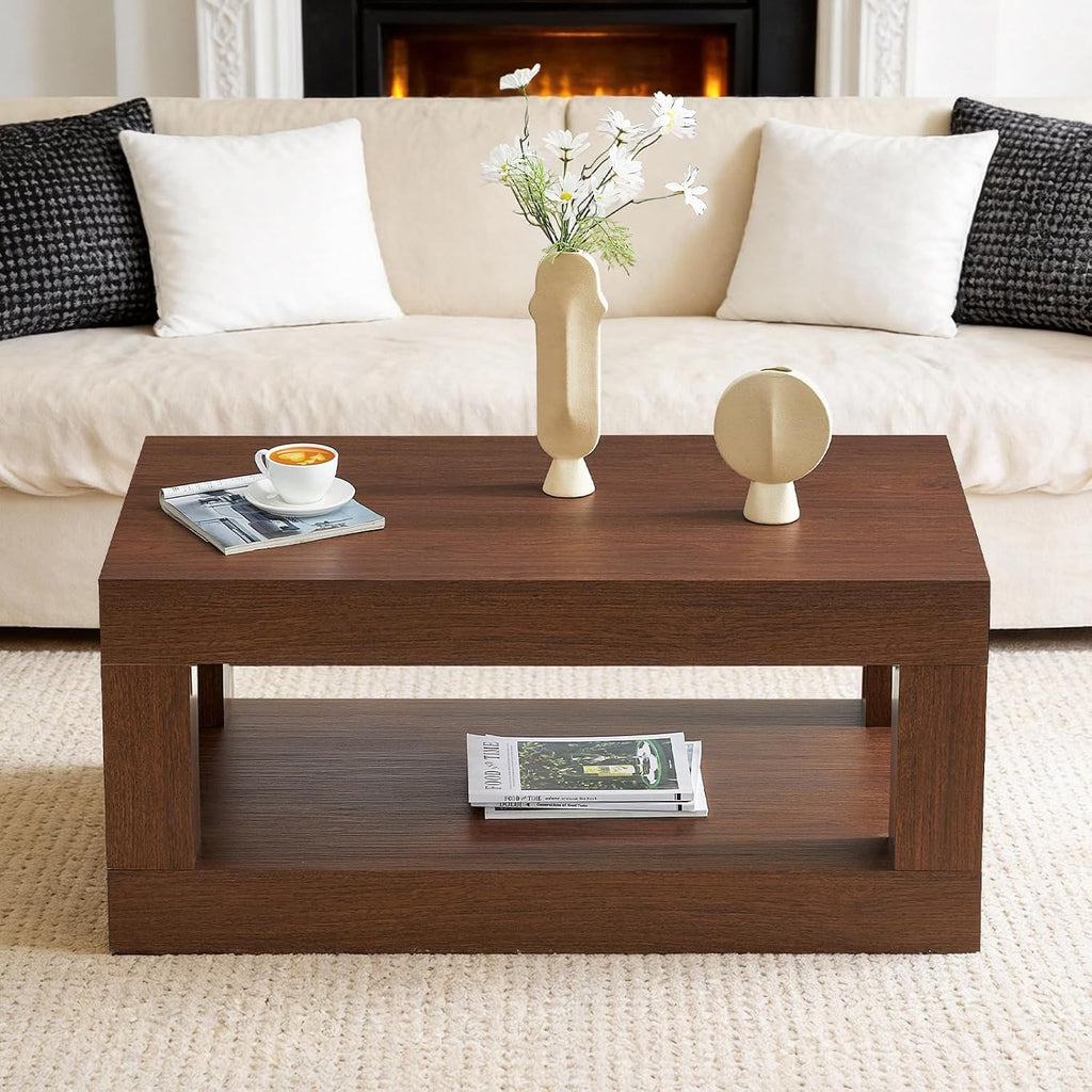 LKTART 39.37' Coffee Table with Storage, 2-Tier Mid Century Rectangular Accent Table with Thick Tabletop, Rustic Style Cocktail, Center Table for Living Room, Office, Apartment (Dark Walnut)