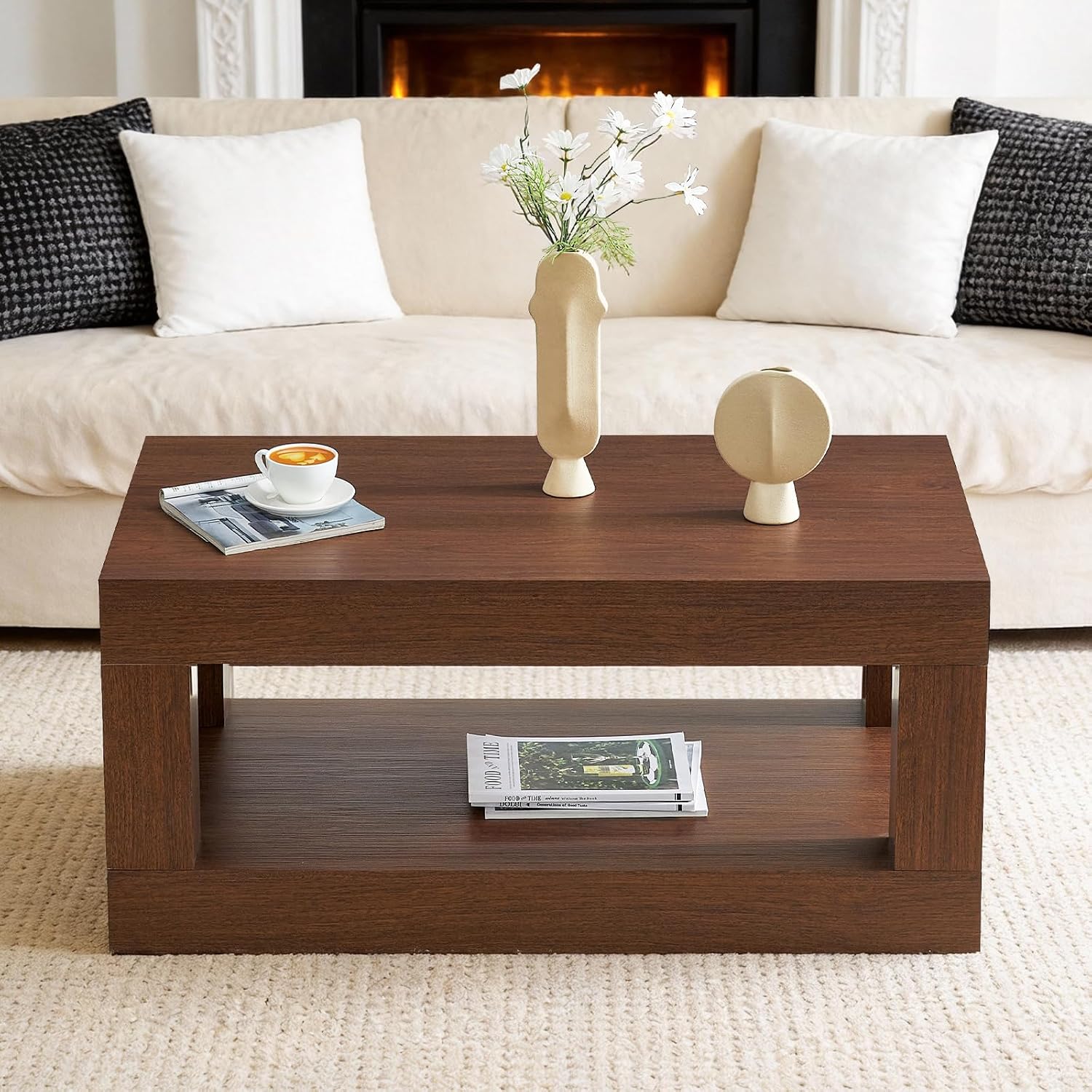 LKTART 39.37' Coffee Table with Storage, 2-Tier Mid Century Rectangular Accent Table with Thick Tabletop, Rustic Style Cocktail, Center Table for Living Room, Office, Apartment (Dark Walnut)