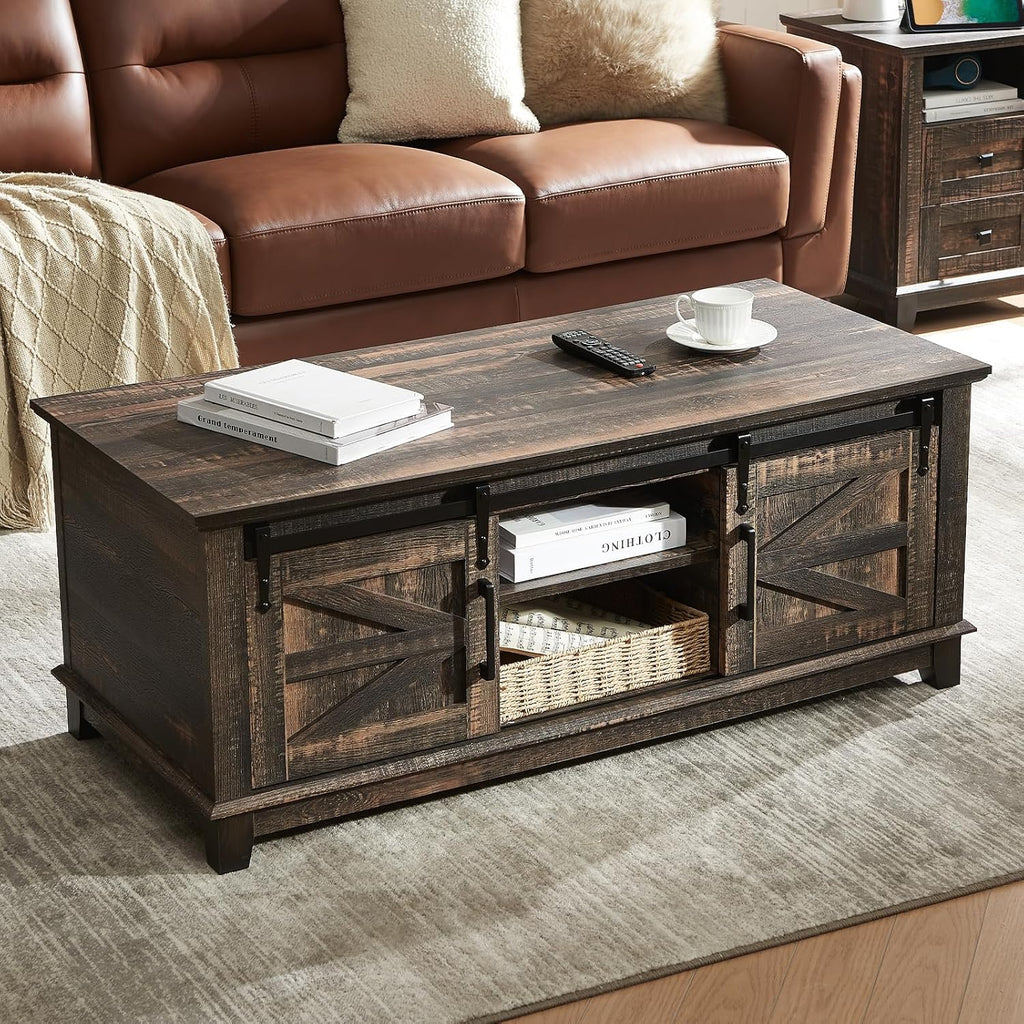 AMERLIFE Farmhouse Coffee Table with Sliding Barn Doors & Storage Cabinet for Living Room, 48' Modern Center Table, Adjustable Shelves, Rustic Oak Black