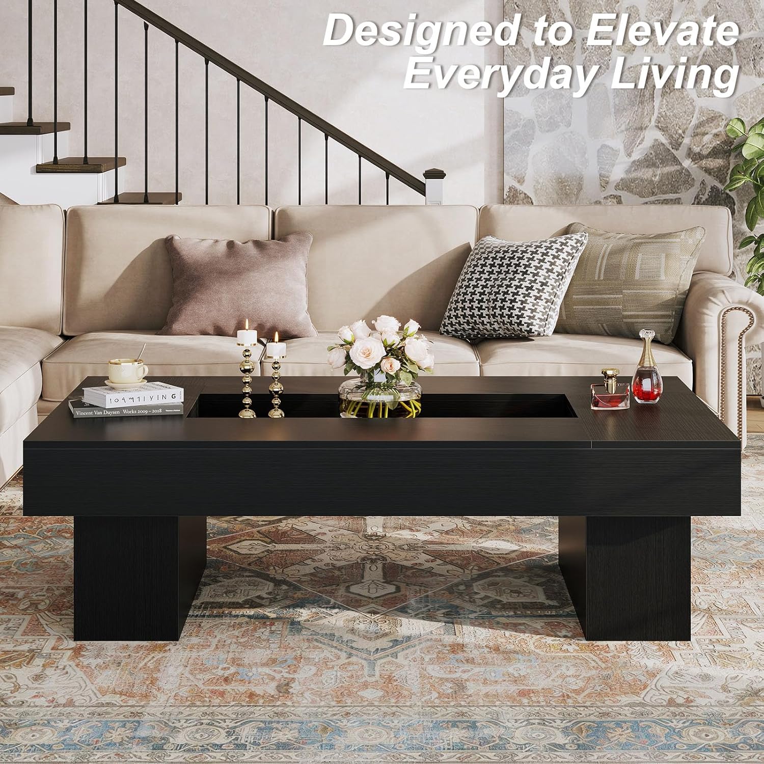 LVB Black Coffee Table, Modern Wood Led Living Room Table with Storage, Unique Large Wide Rectangle Center Table with LED Light, Contemporary low Tea Table for Bedroom Home Office, 47.24 In, Black Oak
