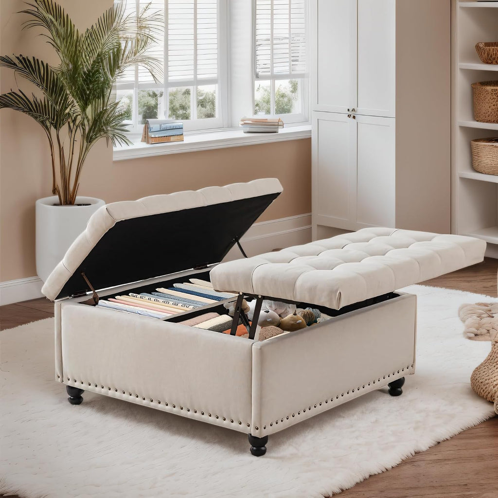 Grepatio Square Tufted Ottoman with Storage - 35.5' Large Lift-Top Storage Ottomans Upholstered Coffee Table for Living Room Bedroom (White)