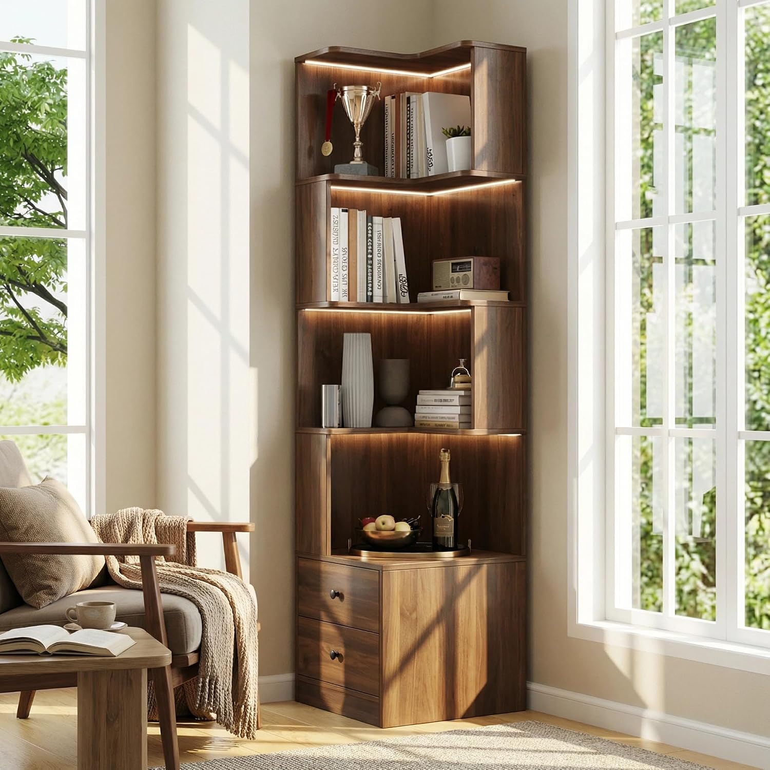 4 Tier Corner Bookshelf with Drawers, L Shaped Freestanding Corner Bookcase with LED Lights and Baffle, Space Saving Display Shelf for Living Room, Bedroom, Home Office, Kitchen(Walnut)