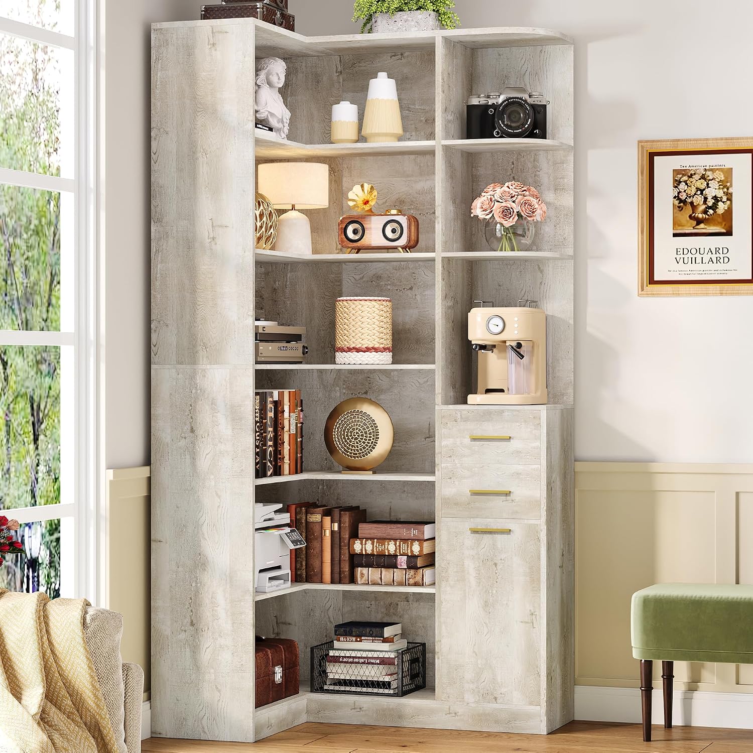 IRONCK Corner Bookshelf, 76' Tall Corner Bookshelves, 6 Tiers L-Shaped Bookcase with 10 Open Shelves and 2 Storage Drawers for Living Room or Home Office
